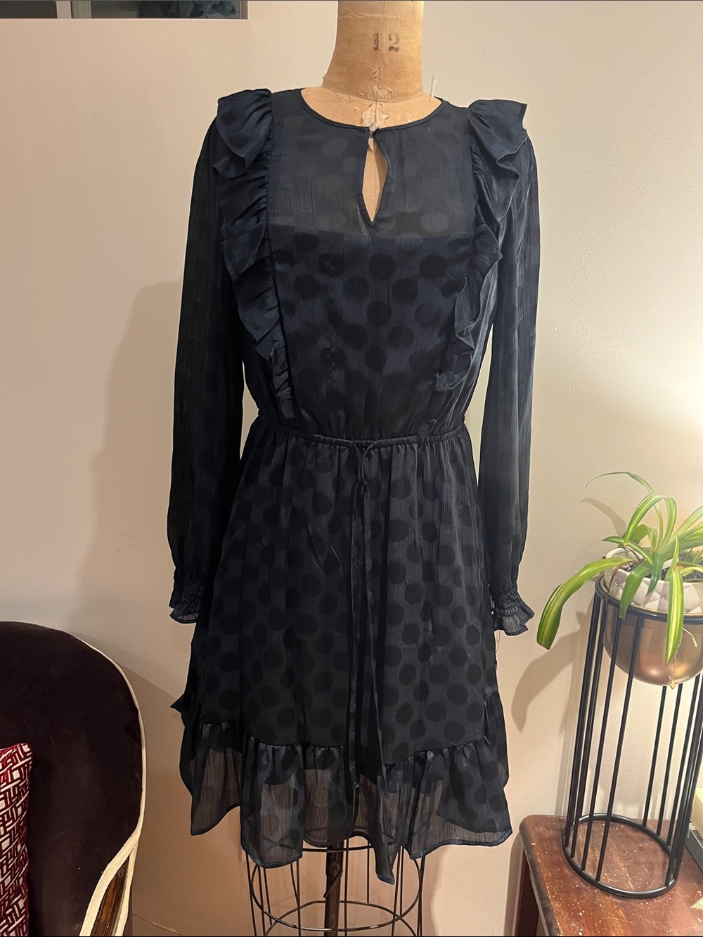 Tommy Hilfiger Blue Long-Sleeve Ruffle Polka Dot Dress